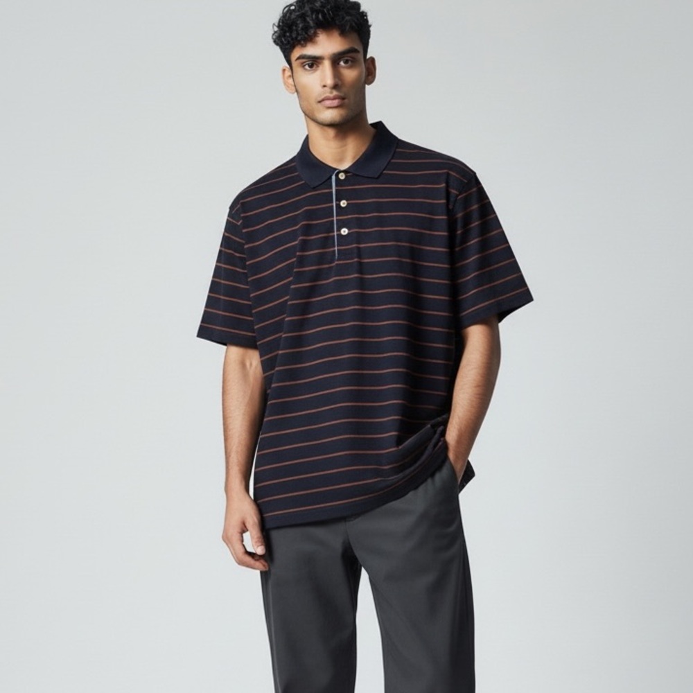 L.L. Bean Signature Men’s Polo Shirt Navy Blue w/ Red Stripes Size M‎